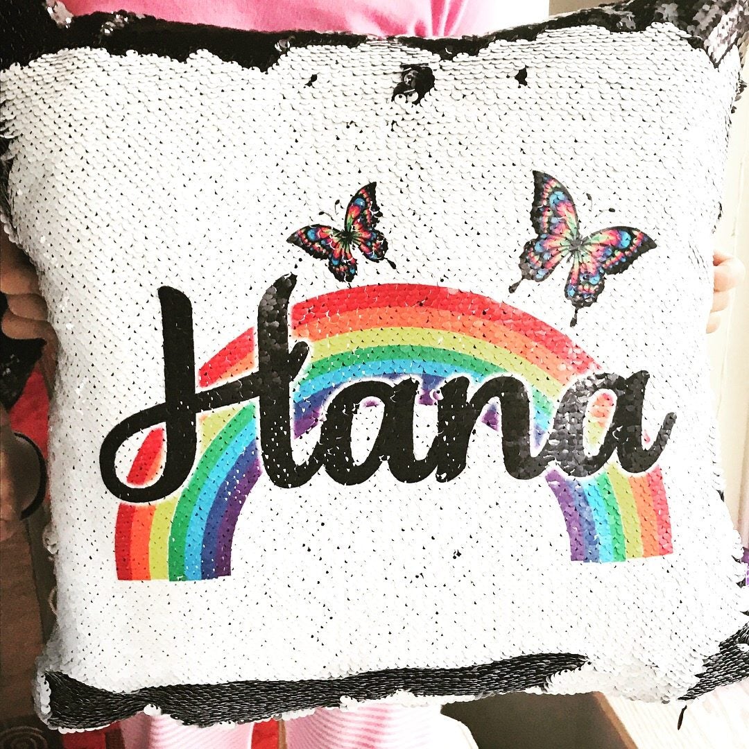 Sequin pillow personalized Rainbow/Butterflies - TC Creative Co.
